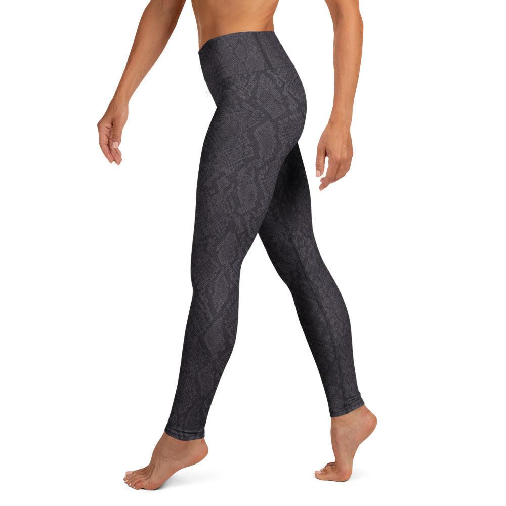 Midnight Viper sleek gym leggings with charcoal python print