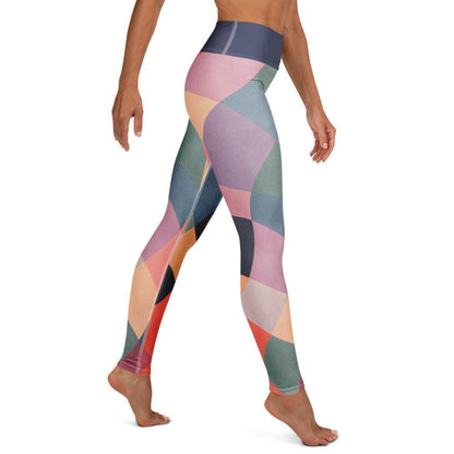 Mosaic print leggings with raised waistband in muted multicolor geometric pattern
