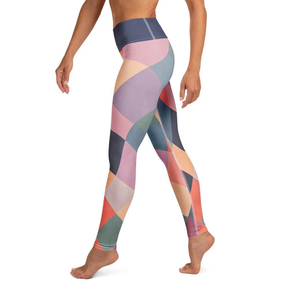 womens mosaic print leggings with raised waistband in pastel geometric pattern