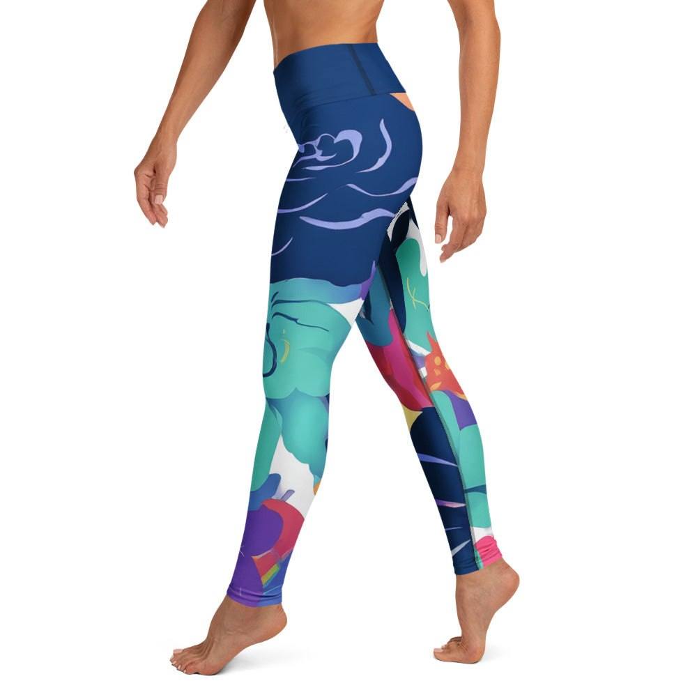 nature-inspired yoga pants with vibrant floral splash design