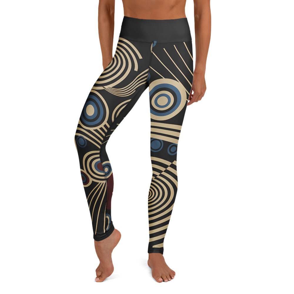 Retro style printed leggings with mid-century geometric pattern in black, cream, cobalt blue, gold, and burgundy
