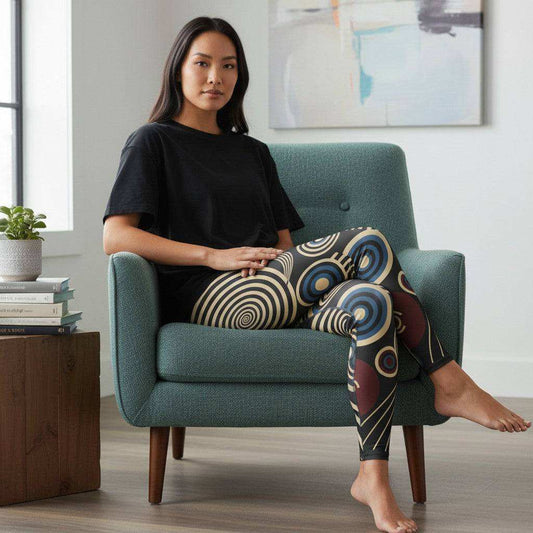 Retro style printed leggings with mid-century geometric design in black and colorful accents
