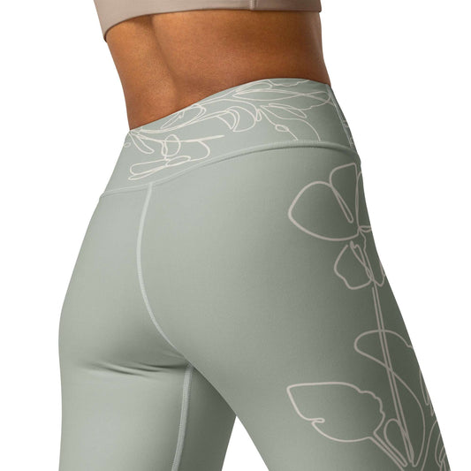 Sage Medows botanical print leggings with sage-green background and white floral design by HellaLegs
