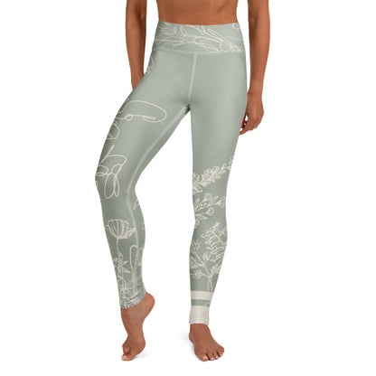 Sage green botanical print leggings with white floral line art by HellaLegs