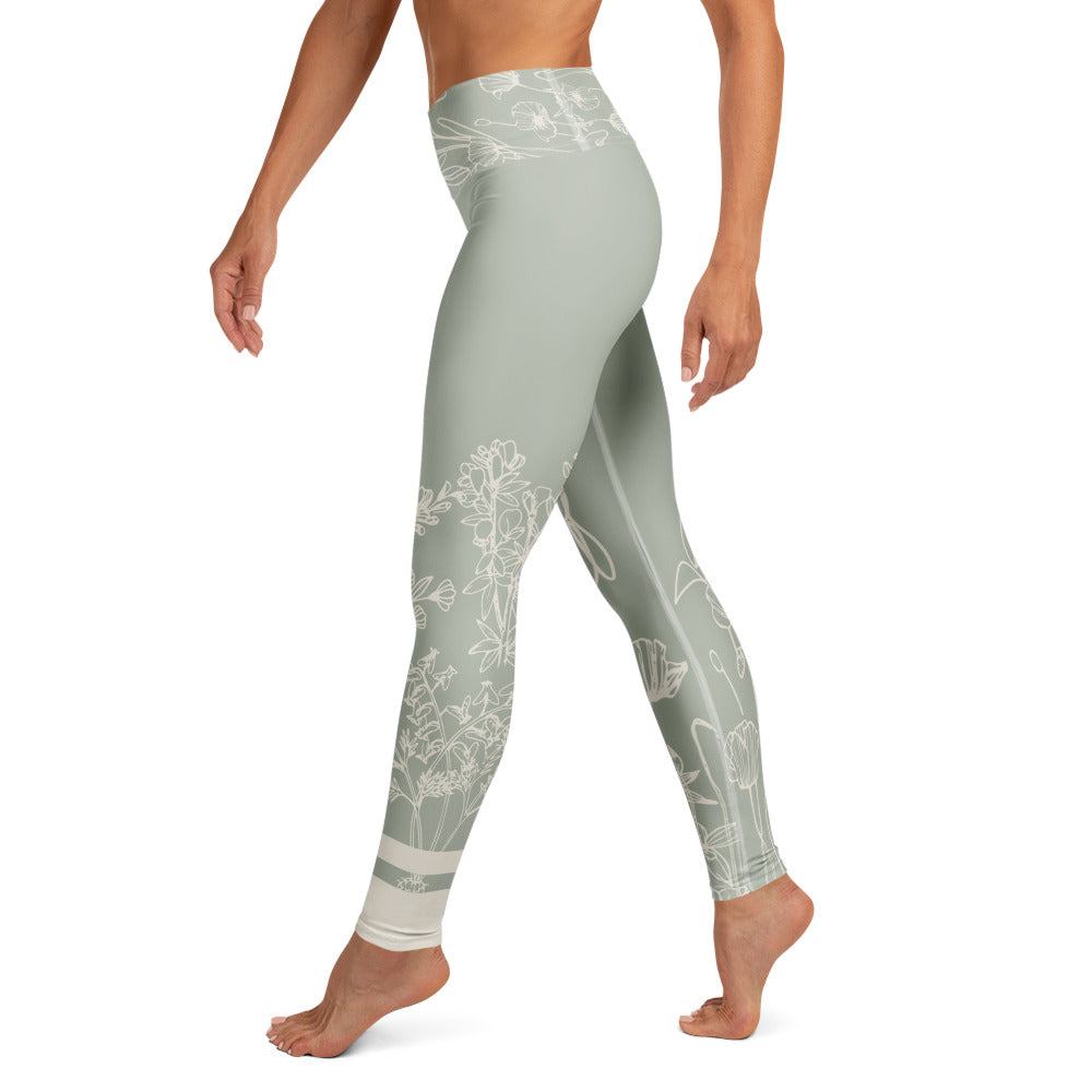 Sage Medows botanical print leggings with sage green and white floral design by HellaLegs