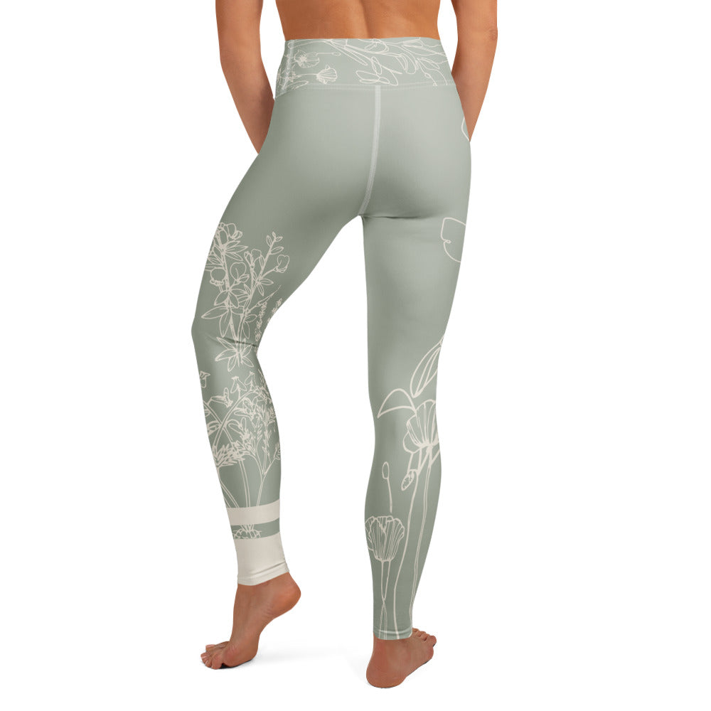 Sage Medows botanical print leggings with sage green and white floral design