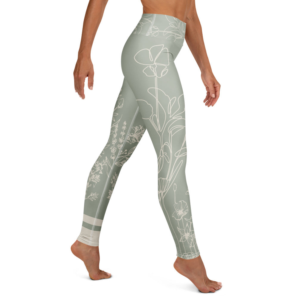 Sage Medows botanical print leggings with white floral design on sage green