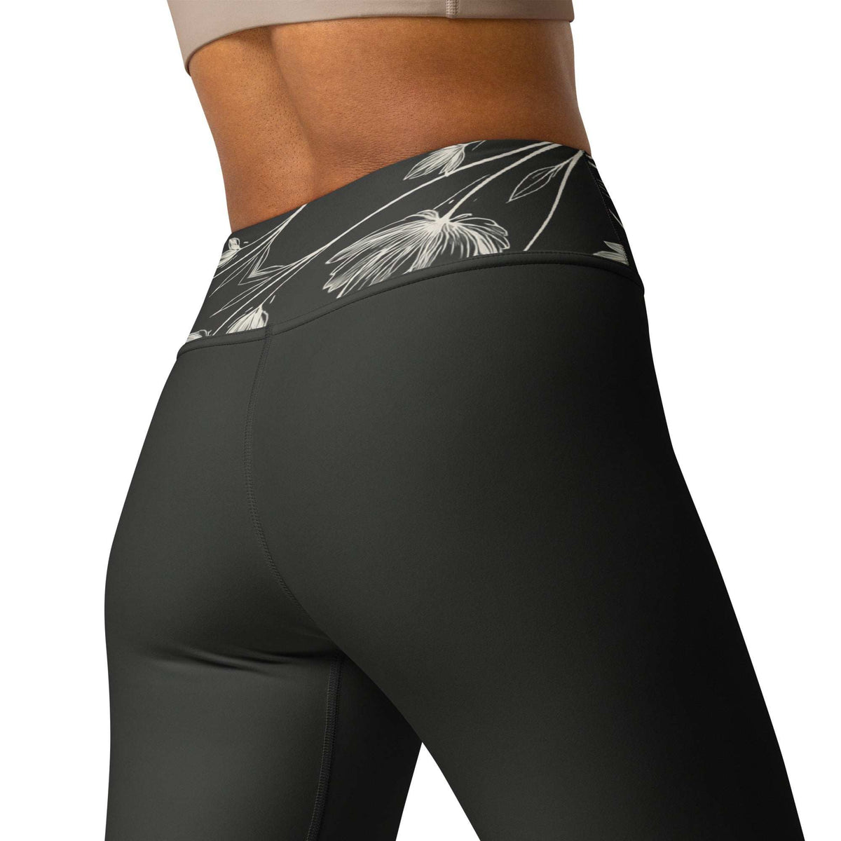 silky stretched floral tights with black base and white floral design