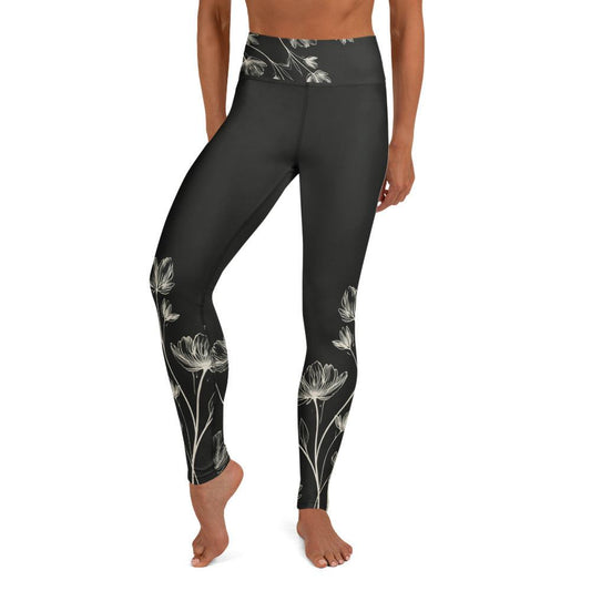 silky stretched floral tights with black base and white floral design
