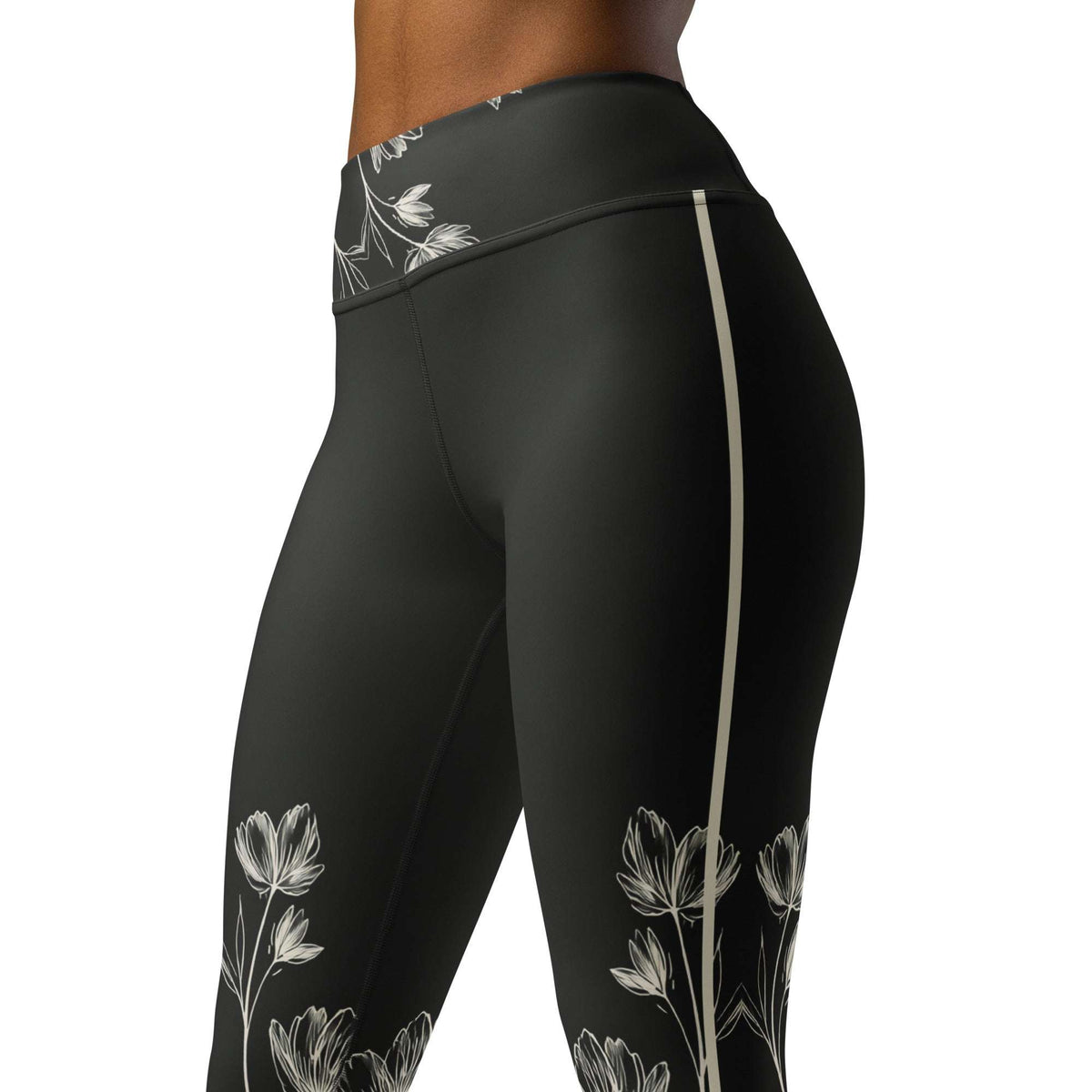 silky stretched floral tights with black base and white botanical design