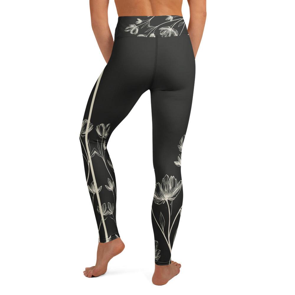 silky stretched floral tights with black base and white floral design