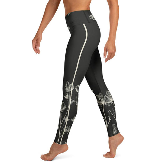 Silky stretched floral tights with black base, white botanical design, and side stripes