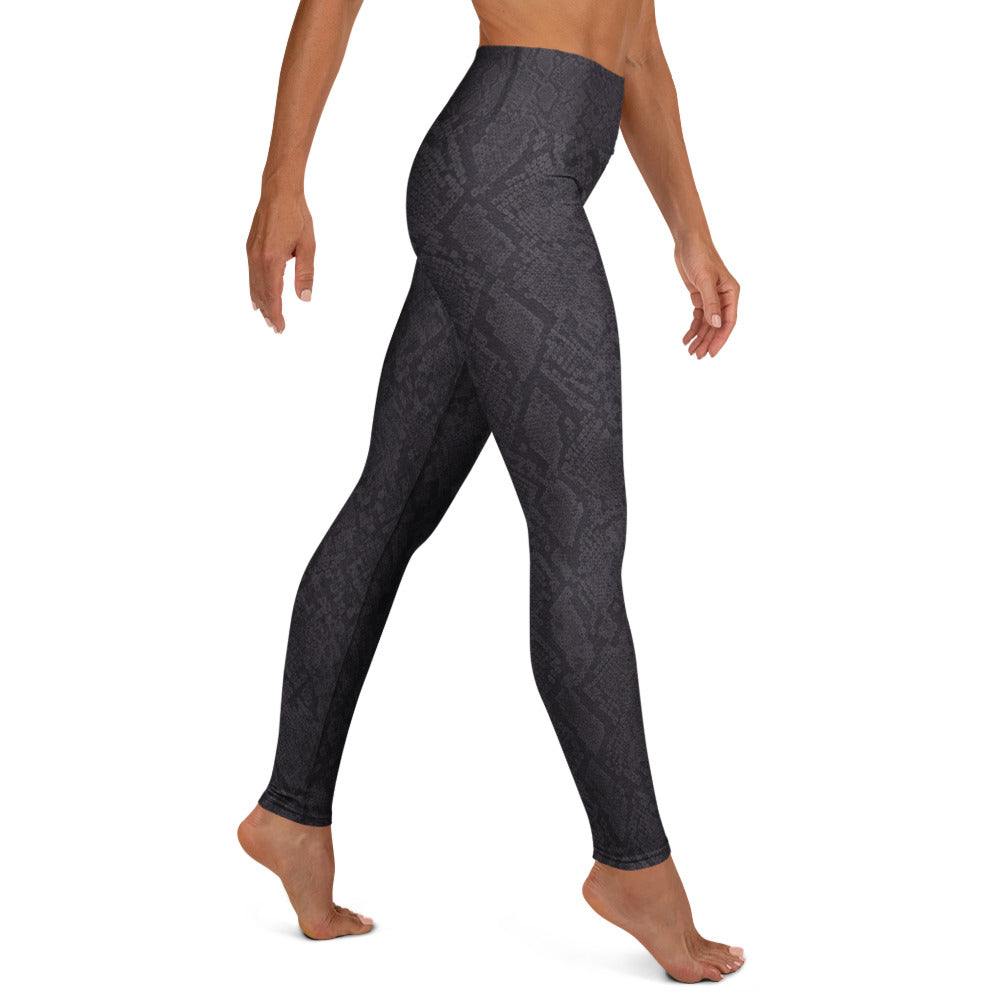 Midnight Viper sleek gym leggings with charcoal python print