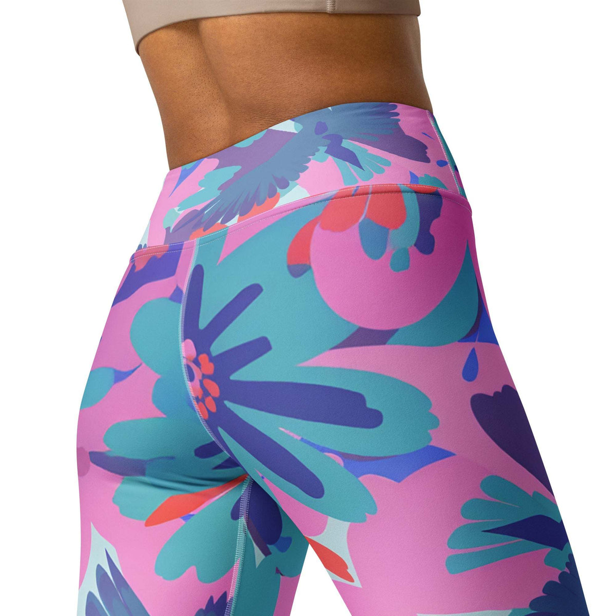 blue bird floral soft leggings with high waist
