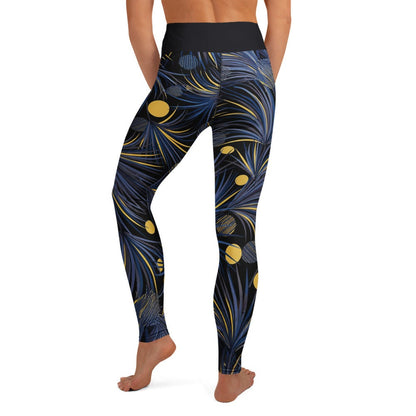 stretchy workout leggings with blue lavender golden abstract print on black background