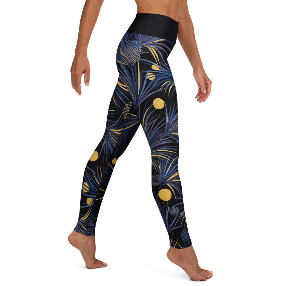 stretchy workout leggings with blue lavender yellow abstract print