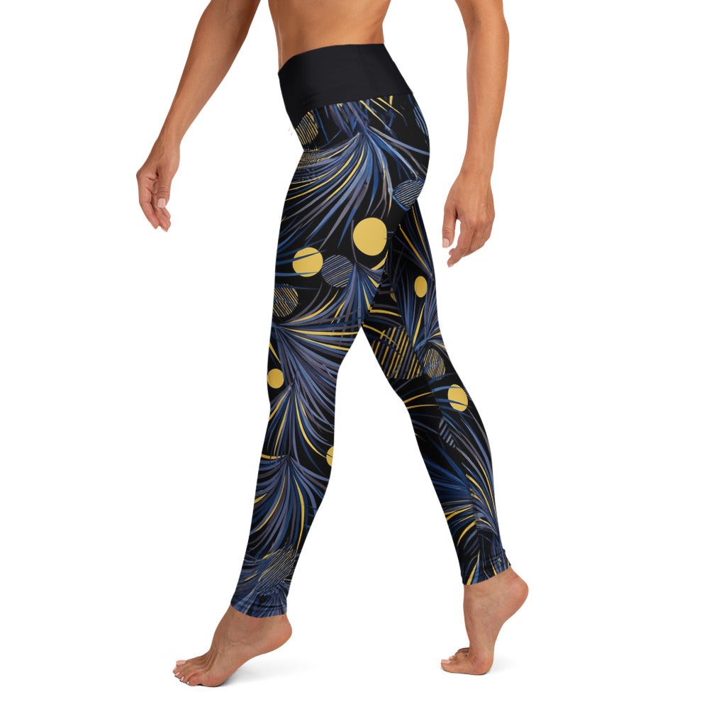stretchy workout leggings with blue lavender and gold abstract pattern