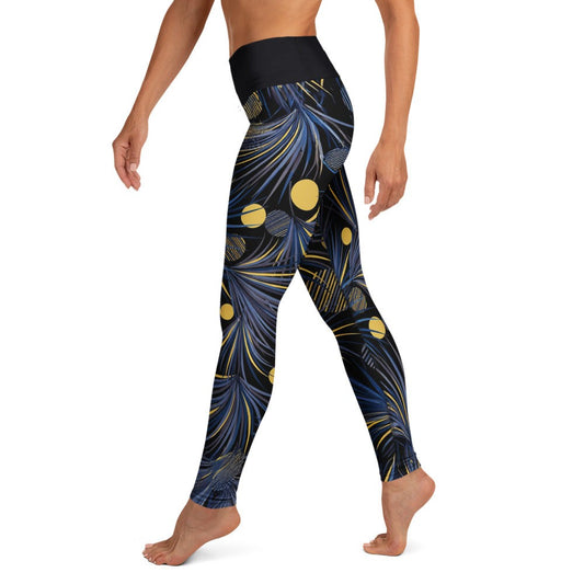 stretchy workout leggings with blue lavender and gold abstract pattern