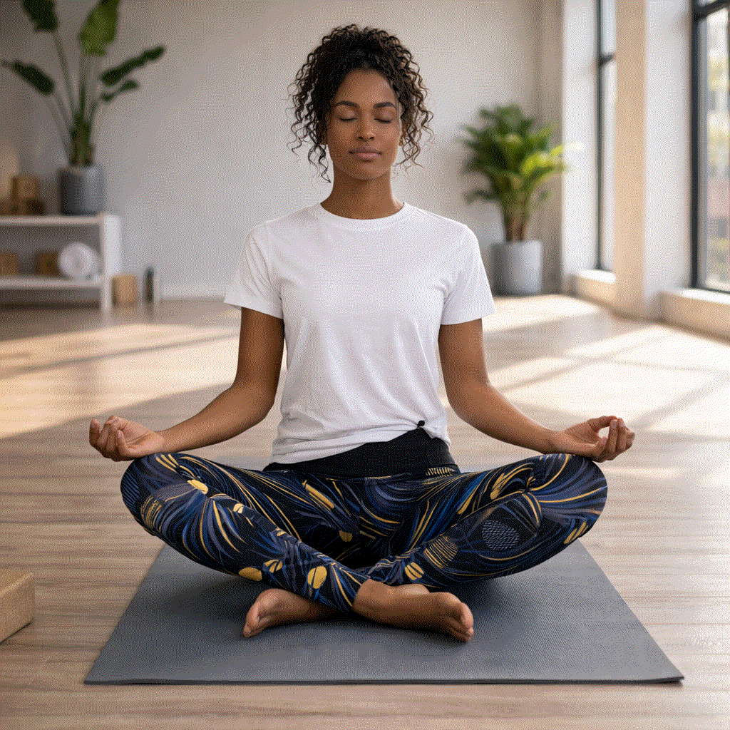 women's stretchy workout leggings with blue lavender and yellow abstract print