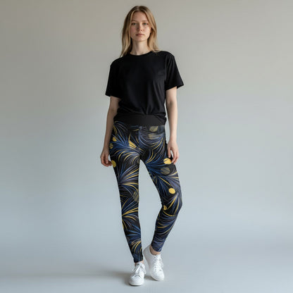 Stretchy workout leggings with blue, lavender, and gold abstract print
