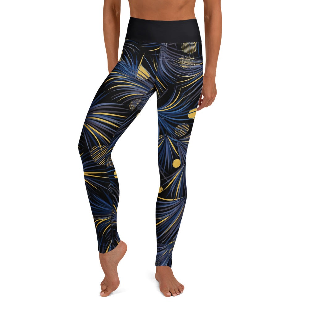 stretchy workout leggings with cobalt blue lavender and golden abstract print