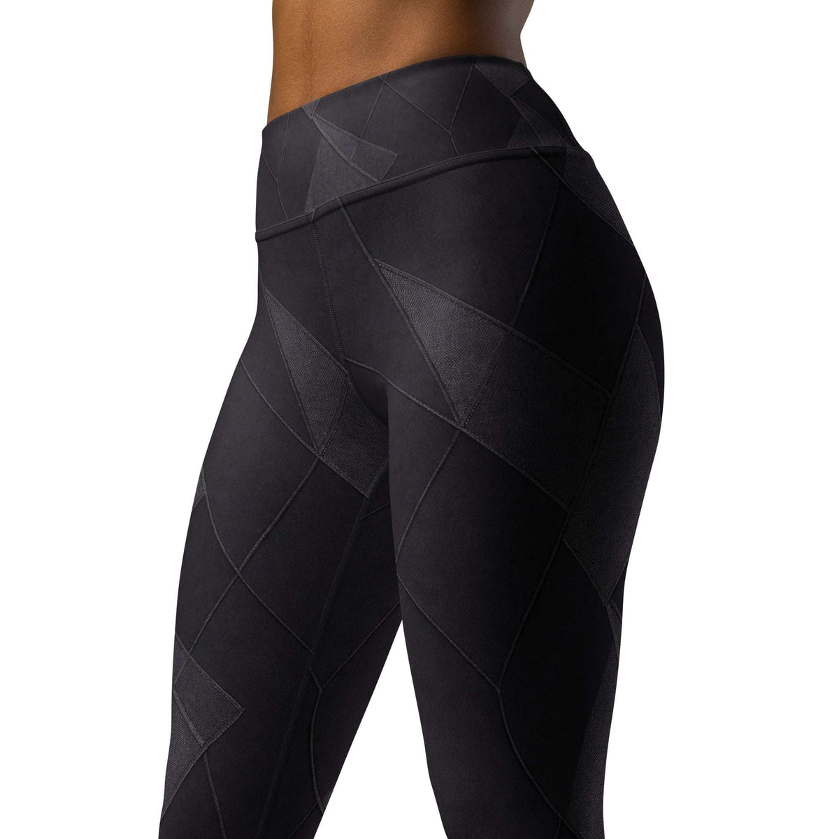 black supportive high-rise leggings with geometric panels by Hellalegs