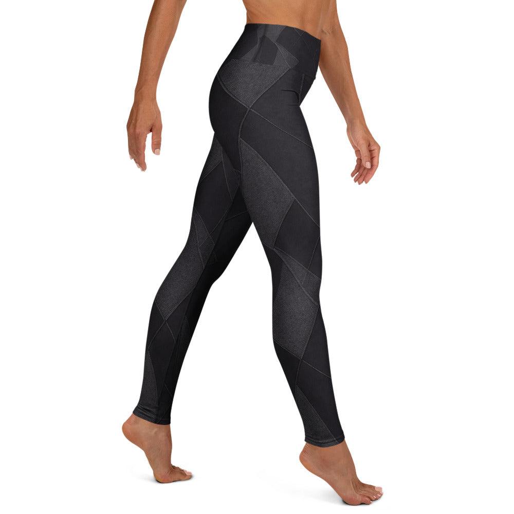 Black supportive high-rise leggings with tonal geometric panels by HellaLegs