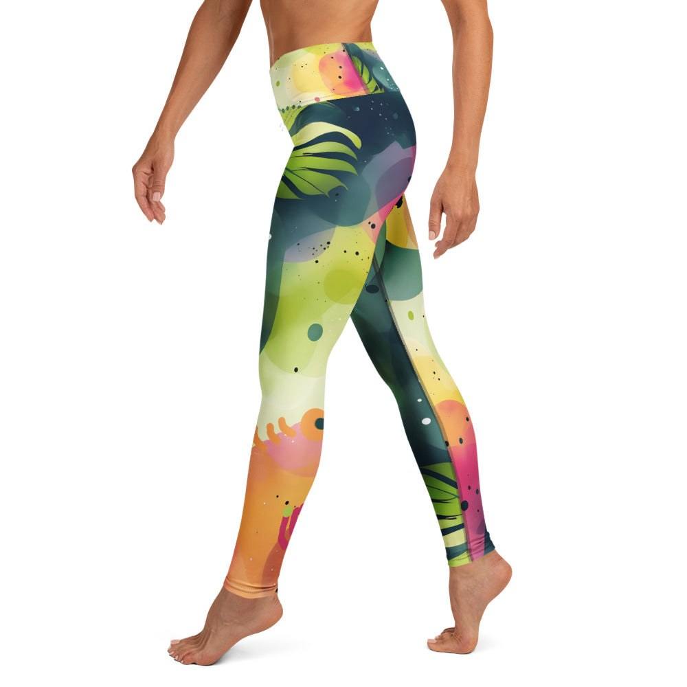tropical print leggings with green yellow coral botanical design
