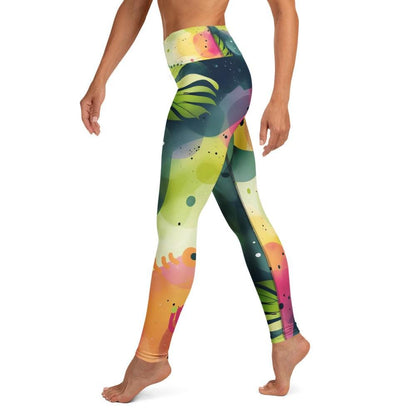 tropical print leggings with green yellow coral botanical design