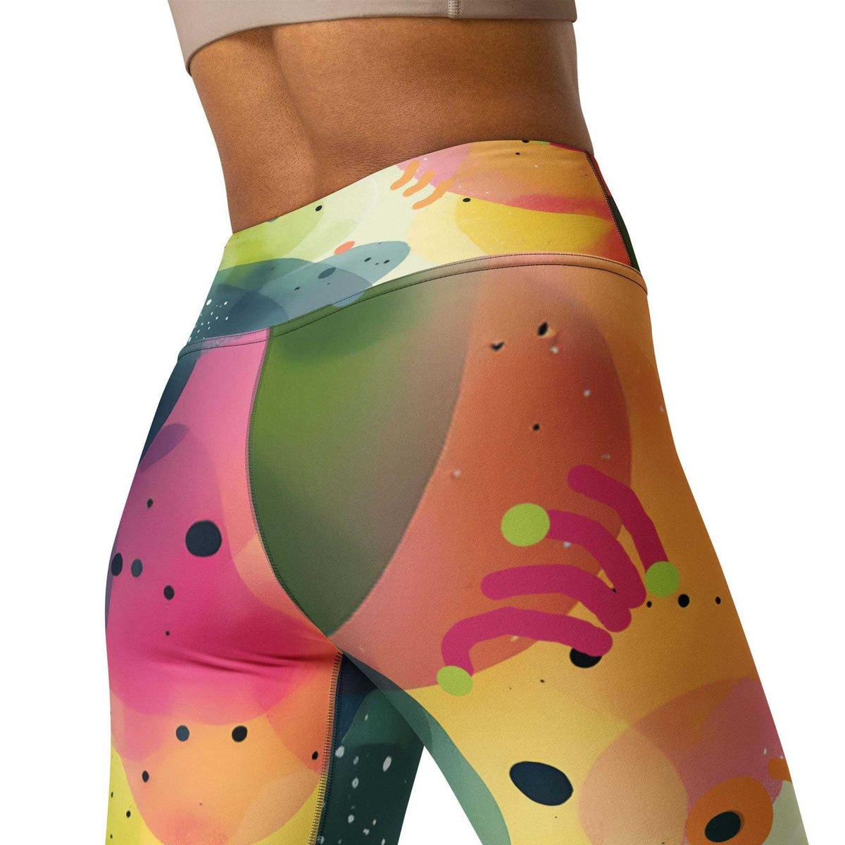 tropical print leggings with lush green and coral botanical design