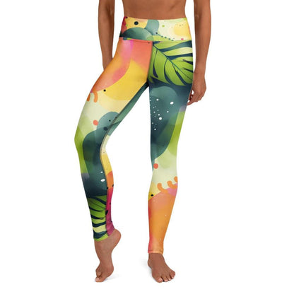 tropical print leggings with lush green and coral botanical design
