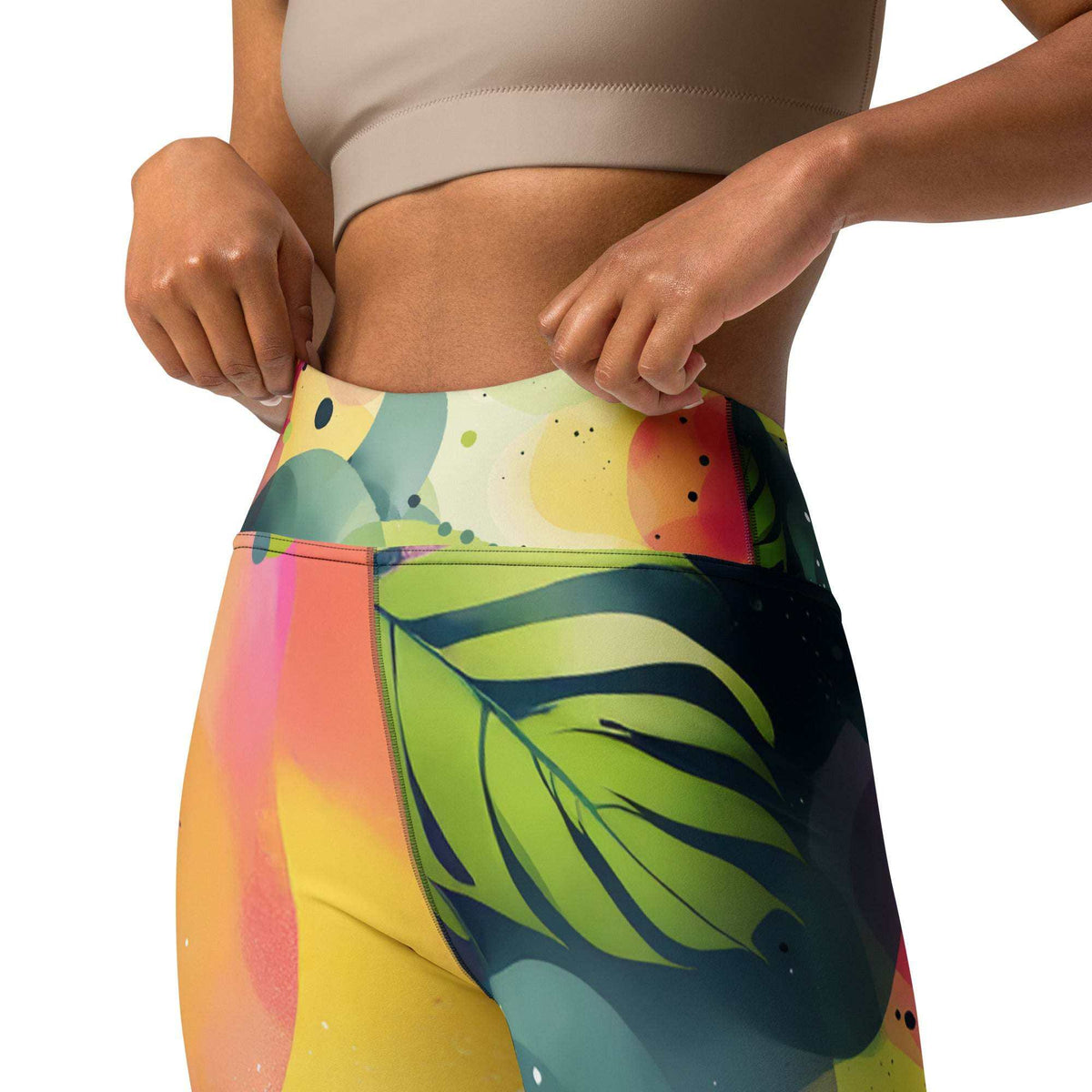 tropical print leggings with lush green and coral botanical design