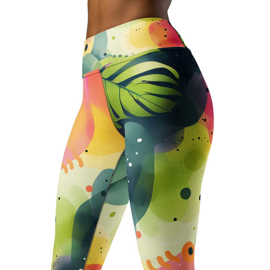 tropical print leggings with lush green and coral botanical design