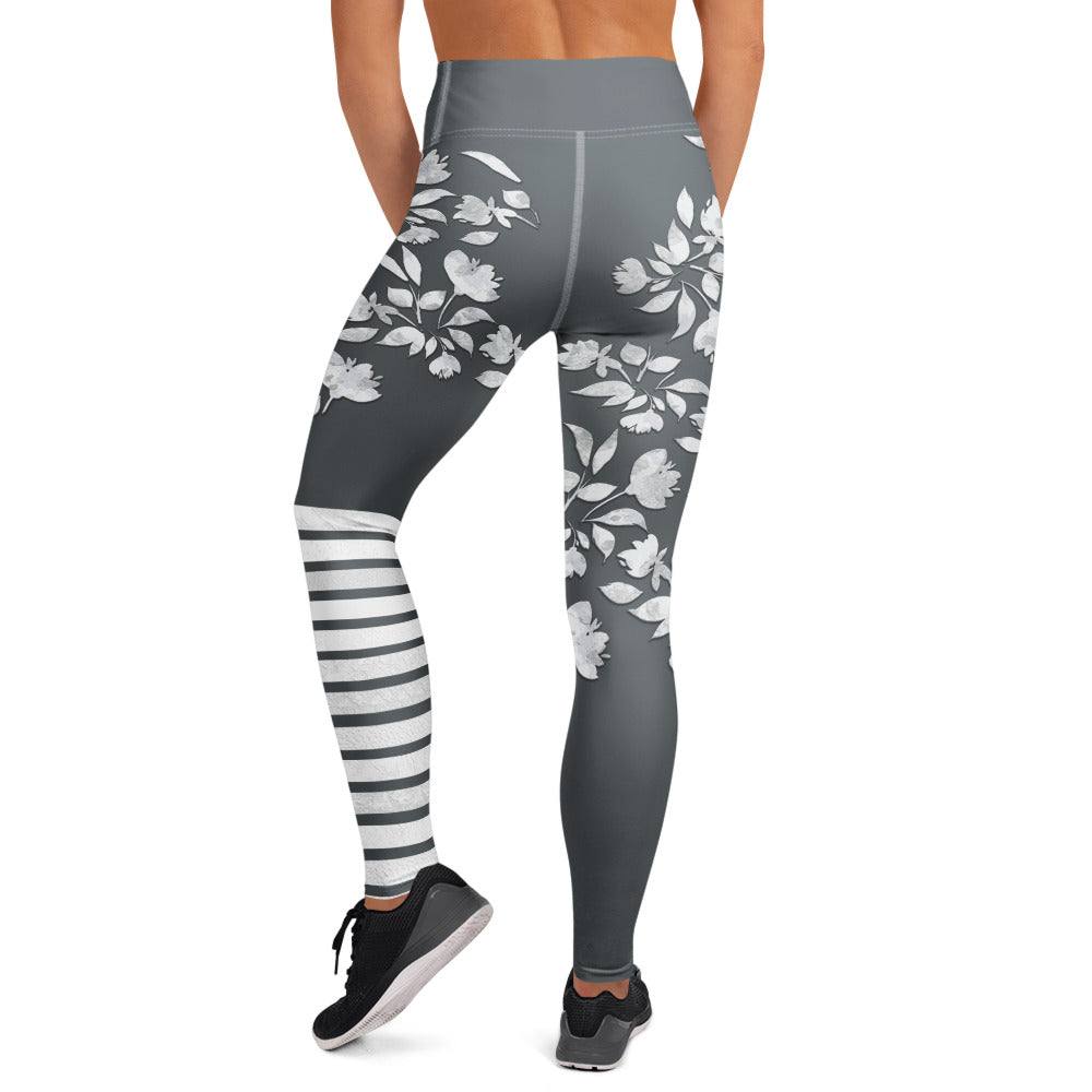 winter flower print leggings with white botanical design on charcoal grey