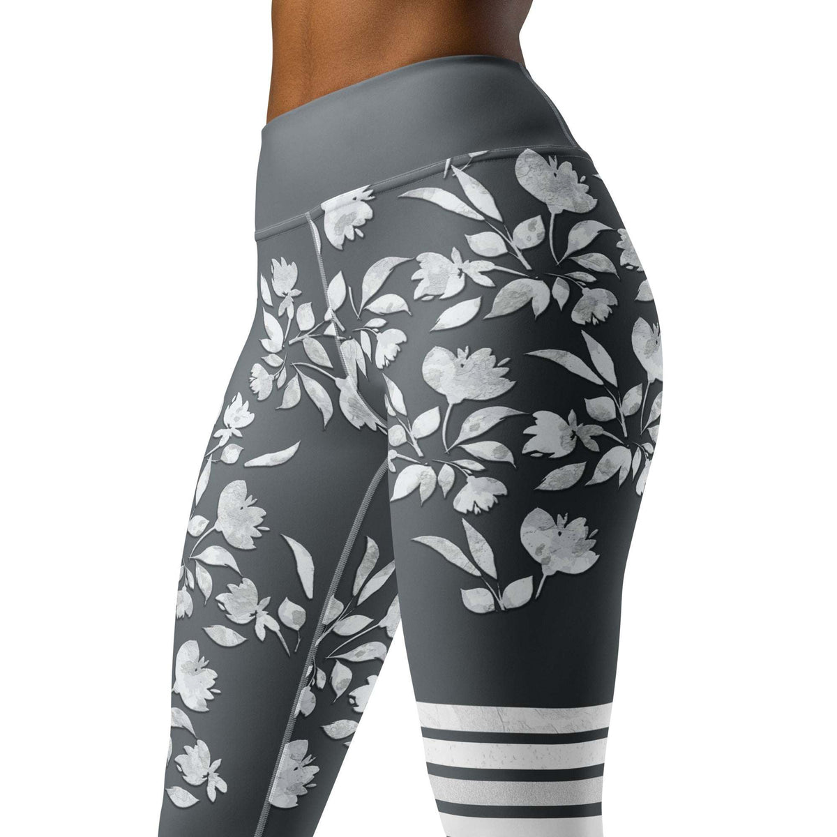 charcoal grey winter flower print leggings with white botanical blooms