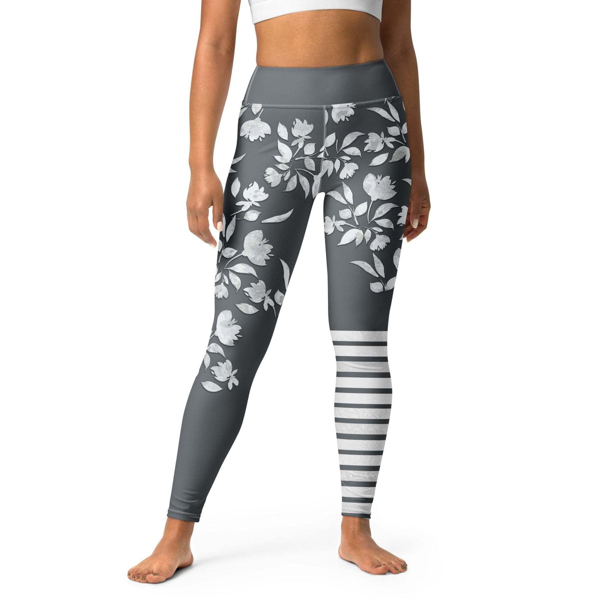 winter flower print leggings with white botanical blooms on charcoal grey background