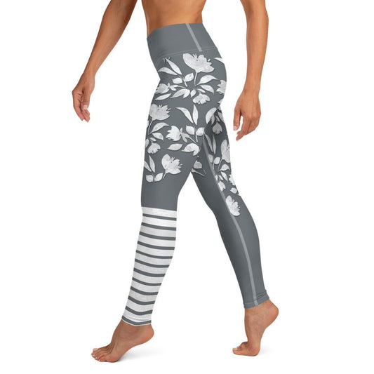 winter flower print leggings with white botanical blooms and charcoal background