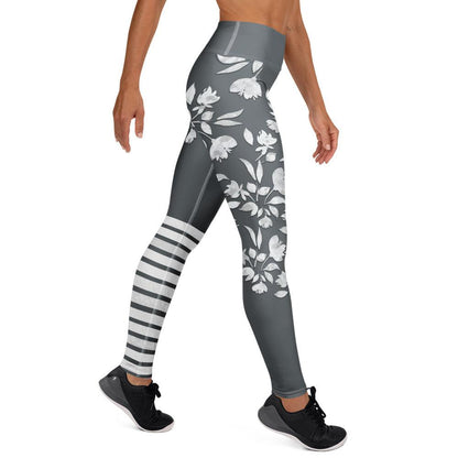 winter flower print leggings with white botanical blooms and sporty stripes