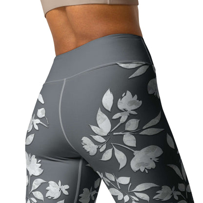 winter flower print leggings with white botanical blooms and stripes