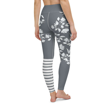 Winter flower print leggings with white botanical blooms and charcoal grey background