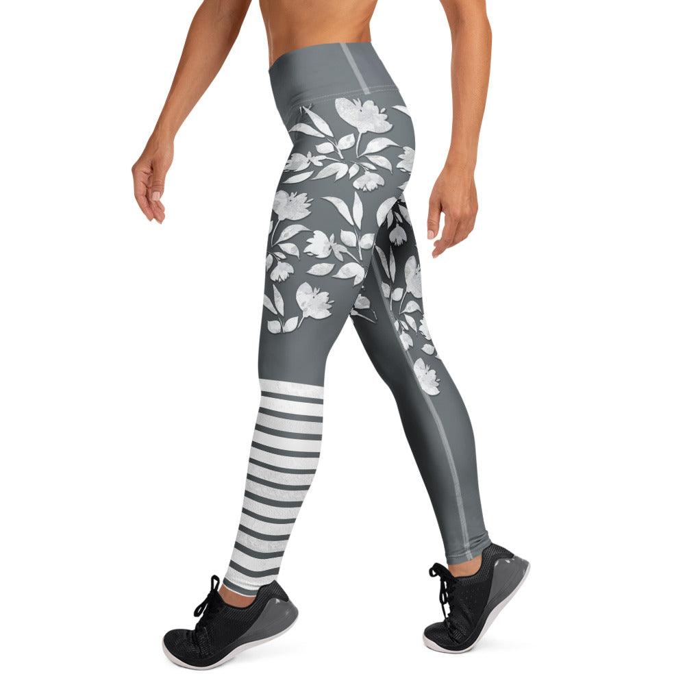 winter flower print leggings with white botanical blooms and charcoal grey background