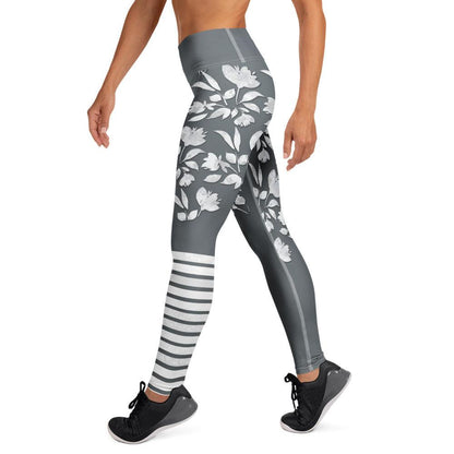 winter flower print leggings with white botanical blooms and charcoal grey background