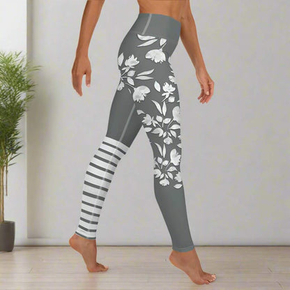 winter flower print leggings with white botanical blooms on charcoal background