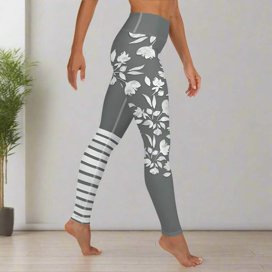 winter flower print leggings with white botanical blooms on charcoal background