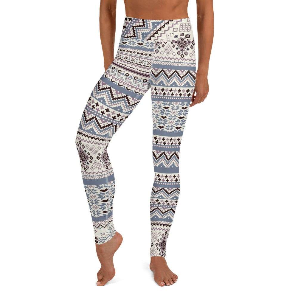 winter plum seasonal fashion leggings with Nordic snowflake and geometric patterns