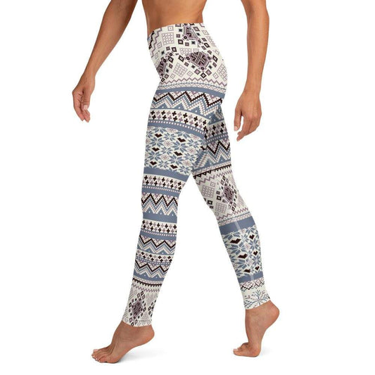 Winter plum seasonal fashion leggings with Nordic snowflake and geometric patterns