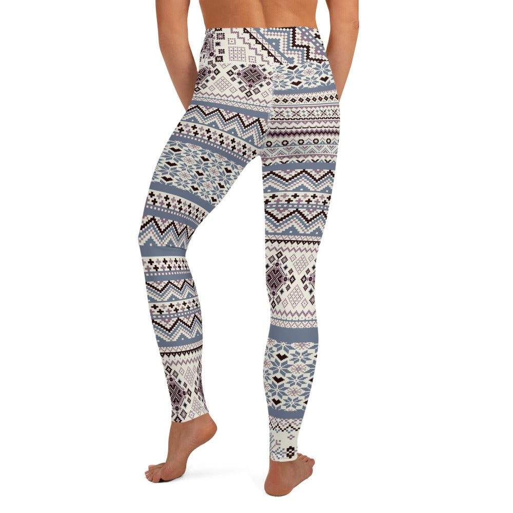 Winter plum seasonal fashion leggings with Nordic snowflake and geometric patterns